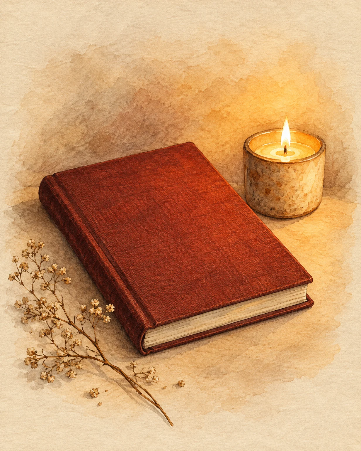 An ember-colored notebook beside a small burning candle.