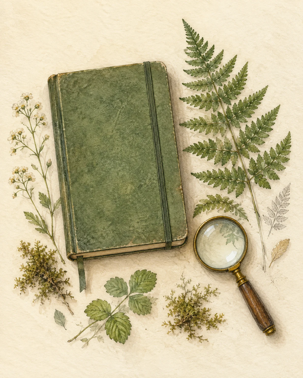A moss-green notebook beside a fern frond and a magnifying glass.